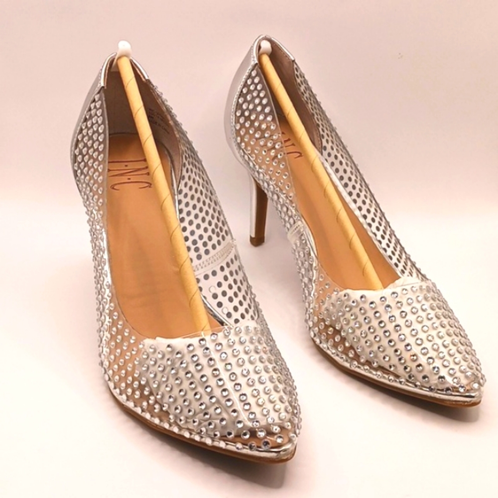 NWT Womens sexy bridal heels Size 8W Clear Vinyl Rhinestone Silver heels 8 wide - Picture 13 of 17